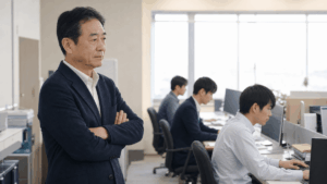 日本人の50代男性経営者が、地方都市の中小企業のオフィスで、少し離れた場所でパソコンに向かう若手社員たちを静かに見つめている場面。手前に経営者、奥に現場の社員。午前の柔らかい自然光、写真風、ドキュメンタリーテイスト、落ち着いた色調