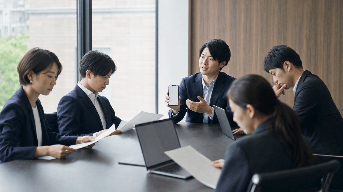 日本人のビジネスパーソンたちが会議室で雑談している場面。一人がスマホを見せて「これすごいよね」と話しているが、他のメンバーは興味なさそうに資料に目を戻している。温度差を感じさせる構図、写真風、自然光、リアルなオフィスの雰囲気