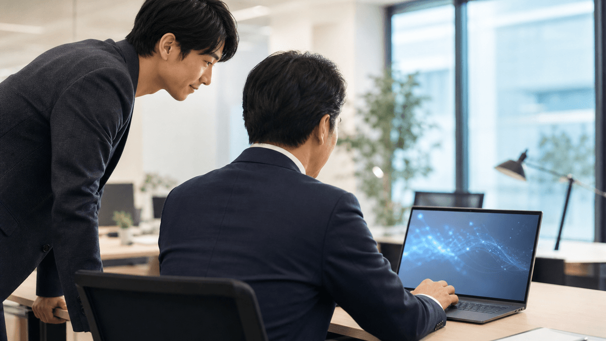 日本人の経営者が自らノートパソコンに向かってAIツールを操作している後ろ姿。その様子を若手社員が興味深そうに横から覗き込んでいる。前向きで温かい雰囲気、オフィスの自然光、写真風