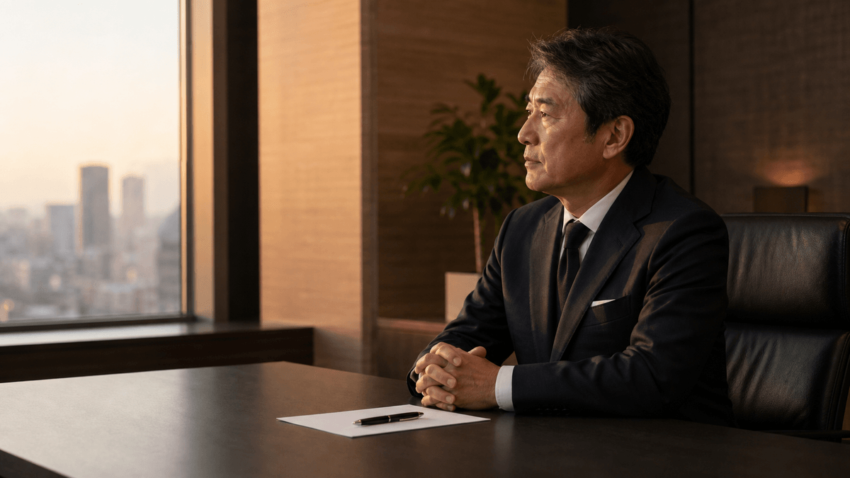日本人の50代経営者が、静かな執務室で一人、窓の外を見ながら考え込んでいる横顔。手元にメモとペン。思索的で落ち着いた雰囲気、夕方の柔らかい光、写真風