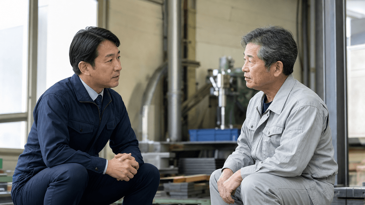 日本人の経営者と現場のベテラン社員が、作業現場の片隅で向き合って真剣に話している場面。対立ではなく対話の雰囲気。互いの表情は真剣だが穏やか、自然光、写真風、ドキュメンタリーテイスト