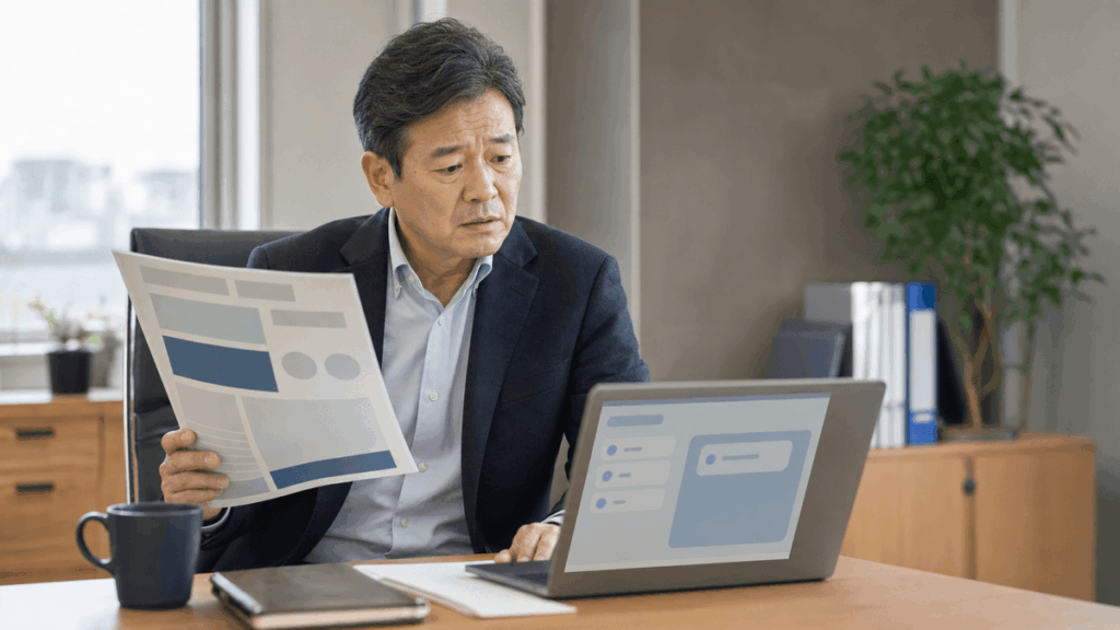 日本人の50代男性経営者が、地方都市の中小企業のオフィスで、補助金のパンフレットらしき書類を片手に、パソコン画面のAIツールと見比べながら思案している場面。少し焦りと迷いのある表情。午前の柔らかい自然光、写真風、ドキュメンタリーテイスト、落