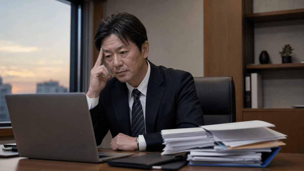 日本人の経営者が、補助金の申請書類とパソコンを前に、机に向かって難しい顔で考え込んでいる場面。書類が少し雑然と積まれている。夕方の office、思索的で少し疲れた雰囲気、写真風、ドキュメンタリーテイスト