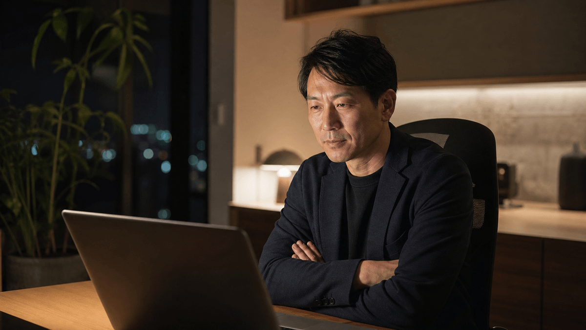 日本人の40代後半の男性経営者が、自宅やオフィスで一人、パソコンに向かいながらも、すぐには手を出さず腕を組んでじっと画面を見つめている場面。冷静に見極めようとする表情。夜の落ち着いた照明、写真風、ドキュメンタリーテイスト