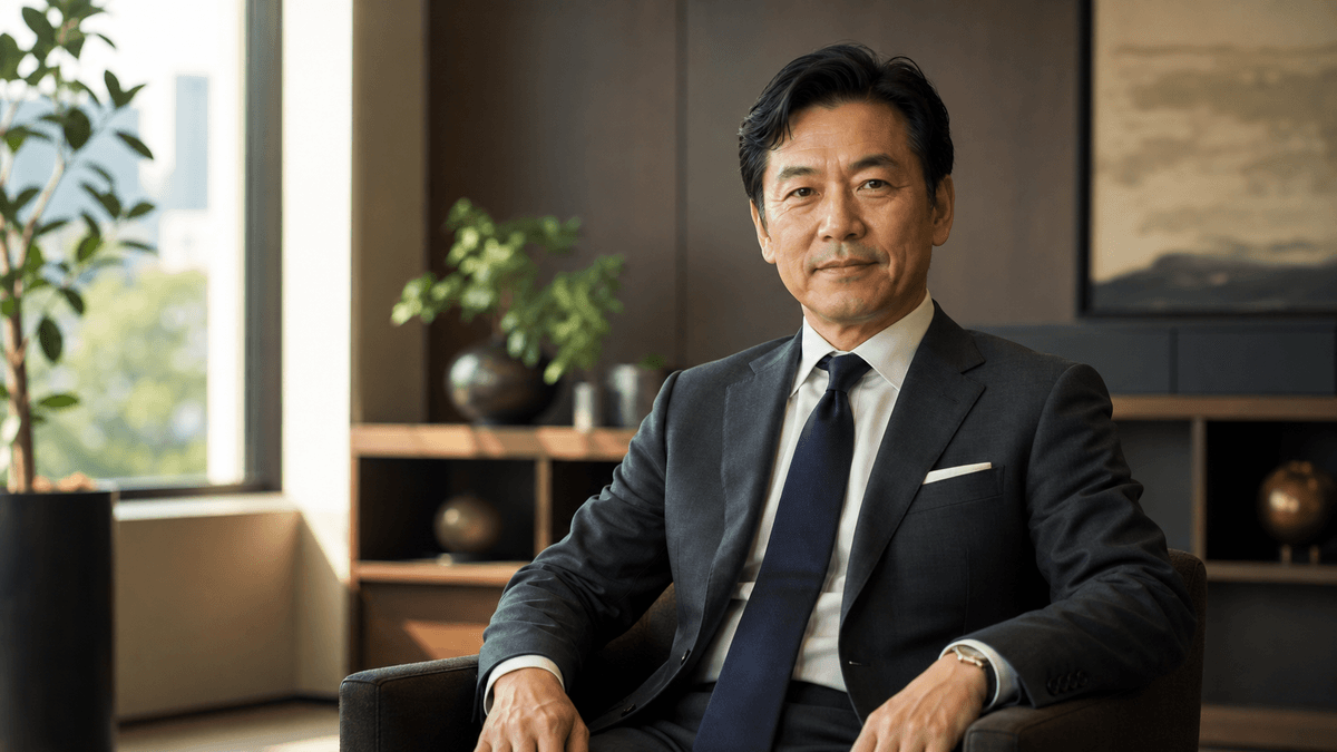 日本人の50代経営者が、静かな執務室で穏やかな表情で椅子に座り、落ち着いて前を見据えている場面。焦りのない、芯の通った佇まい。夕方の柔らかい光、写真風、ドキュメンタリーテイスト