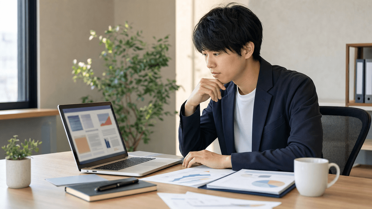 日本人の20代の若手ビジネスマン男性が、ノートパソコンの画面でニュースとコストの資料を確認している場面。デスク周りに資料や観葉植物、コーヒーカップ。午後の柔らかい光。写真風、ドキュメンタリーテイスト
