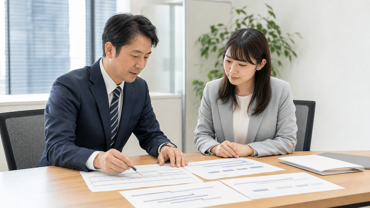 日本人の40代男性経営者と20代の若手女性スタッフが、会議室でカレンダーや時間軸の入った資料を見ながら相談している場面。落ち着いた打ち合わせの雰囲気、明るいオフィス。写真風、ドキュメンタリーテイスト