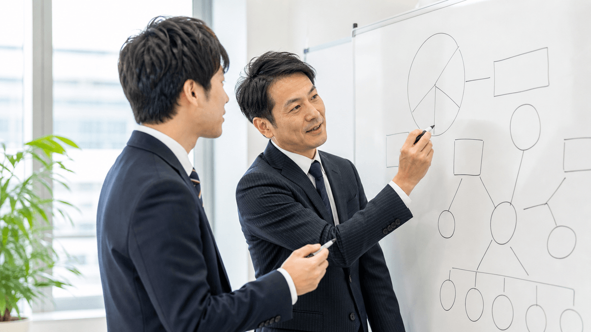 日本人の20代の若手男性スタッフと40代の経営者が、ホワイトボードの前でコスト配分の図を描きながら話し合っている場面。建設的で前向きな雰囲気、明るいオフィス。写真風、ドキュメンタリーテイスト