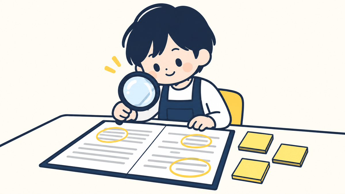 契約書の3か所を虫めがねで確かめる店主のイラスト