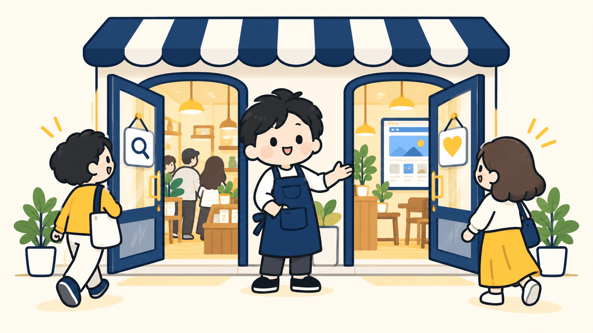 新しいお客さんと2回目からのお客さんの入り口を分けた店の前に立つ店主のイラスト