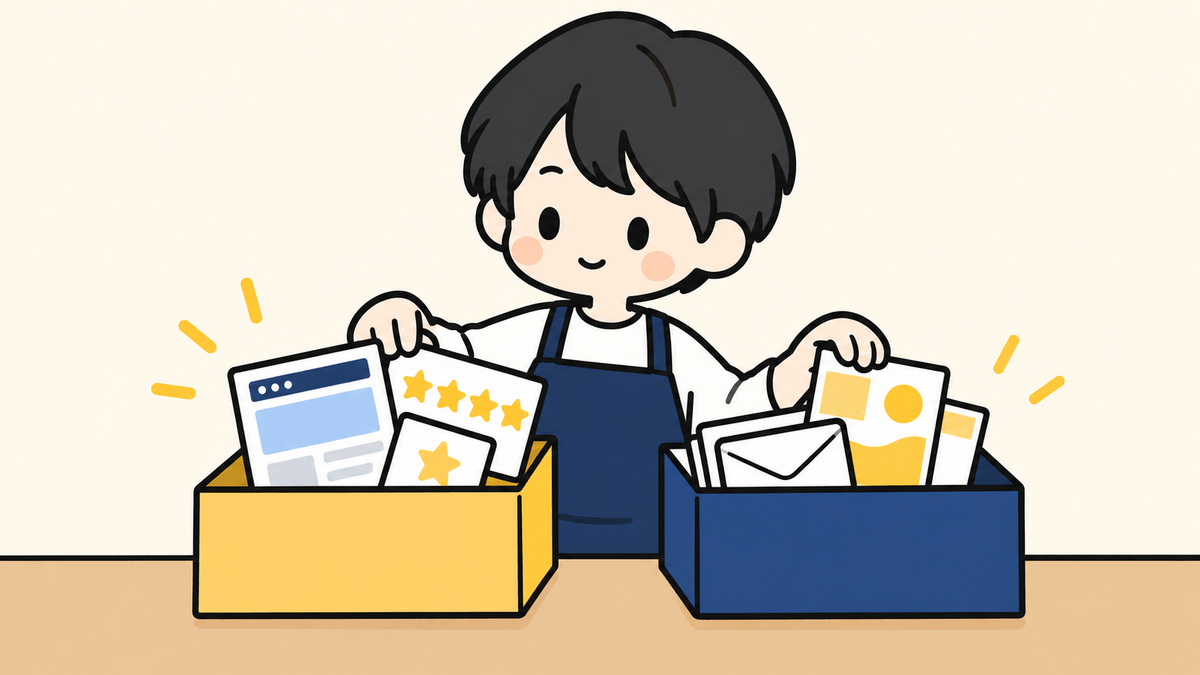 解約後に残るものと消えるものを箱に仕分ける店主のイラスト