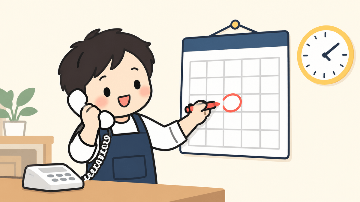 電話で解約を申し込みながらカレンダーの期限に丸をつける店主のイラスト