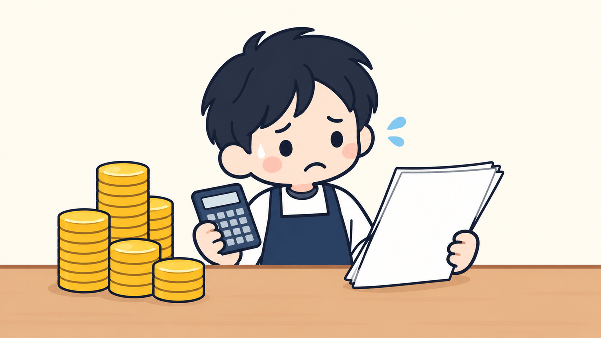 契約期間の残りの月額を電卓で計算して悩む店主のイラスト