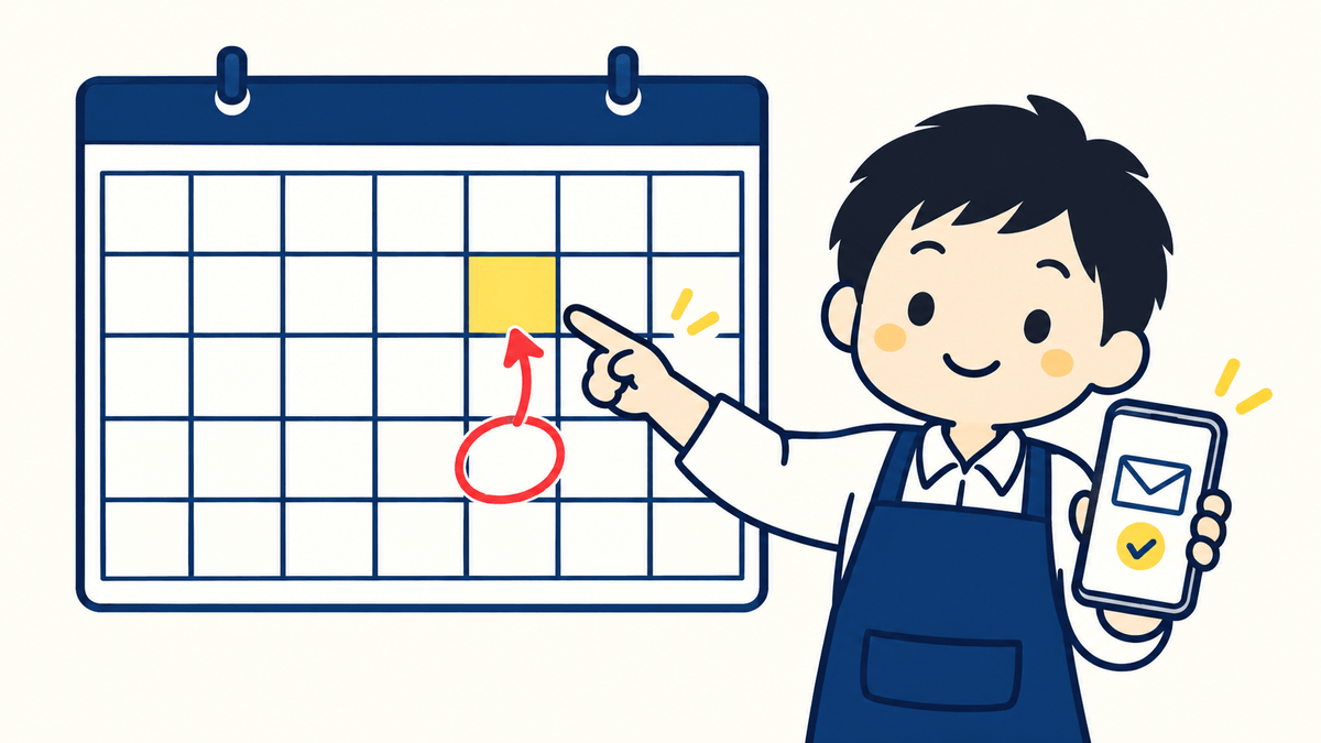 題材：解約は期限より余裕をもって手続きし、完了メールで確かめる、ということ。店主キャラが壁のカレンダーの更新日に赤丸をつけ、その1週間前の日付を指さしている。手元のスマホに封筒のマーク