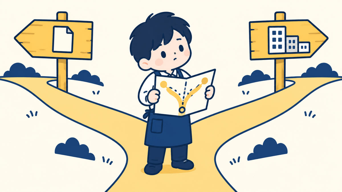 題材：ドメインはどこで取ったかで手続きが分かれる、ということ。店主キャラが分かれ道の前に立ち、左の道には「ペライチ」、右の道には「他の会社」と書かれた木の看板があり、手に持った地図を見比べている